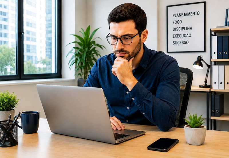 Homem trabalhando em escritório com notebook Homem atualizando o curriculo com ingles em notebook