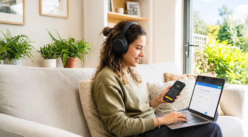 Mulher estudando ingles em casa com notebook e celular