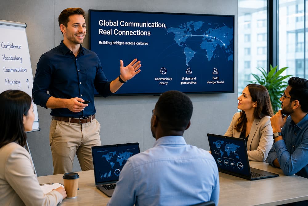 Profissional falando inglês durante uma reunião corporativa. Profissional falando inglês durante uma reunião corporativa.
